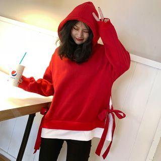 Mock Two-piece Ribbon-accent Hoodie