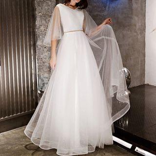 Sheer Bell Sleeve V-neck Evening Gown