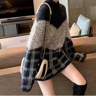 Plaid Panel Long Sweater