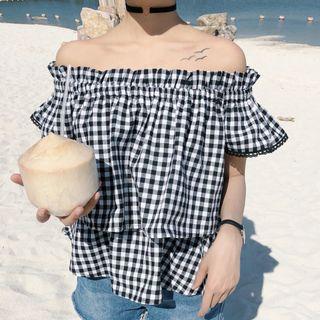 Gingham Off-shoulder Short-sleeve Blouse