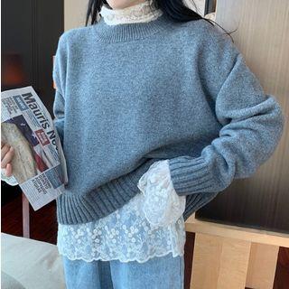 Set: Mock Neck Lace Top + Loose-fit Sweater