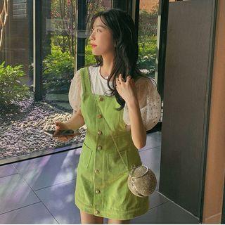 Puff-sleeve Blouse / Button Mini A-line Pinafore Dress