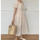 Flower Detail Short-sleeve Midi A-line Dress Almond - One Size