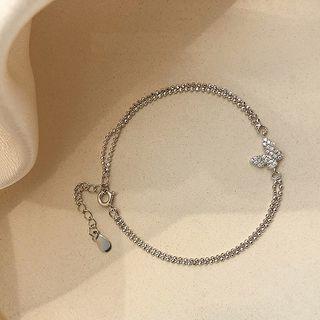925 Sterling Silver Rhinestone Butterfly Layered Bracelet 925 Silver - Silver - One Size