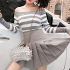 Set: Striped Long-sleeve Knit Top + High Waist Pleated Skirt