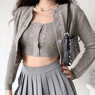 Set: Knit Suspender + Cable Knit Cardigan