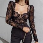 Long Sleeve Square-neck Lace Crop Top