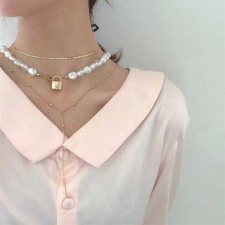 Faux Pearl Alloy Lock Pendant Layered Necklace Gold - One Size