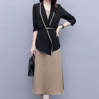 Set: Spaghetti Strap Midi A-line Dress + Contrast Trim Blazer