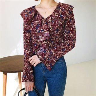 Frilled-detail Pattern Blouse Red - One Size