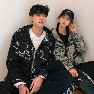 Couple Matching Zip Camo Print Hooded Jacket