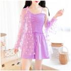 Set: Long-sleeve Floral Sheer Shirt + Spaghetti Strap Top + Wide-leg Shorts