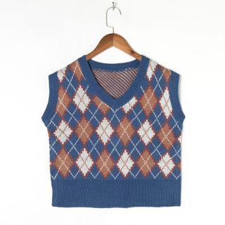 V-neck Argyle Sweater Vest Argyle - Blue & White & Brown - M