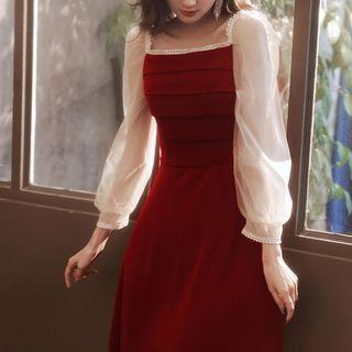 Long-sleeve Embellished Square-neck Maxi A-line Gown