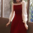 Long-sleeve Embellished Square-neck Maxi A-line Gown