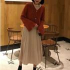 V-neck Cardigan/ Midi A-line Pleated Skirt/ Long-sleeve Frill-trim Top