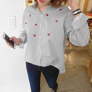 Heart Embroidered Striped Shirt