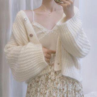 Ribbed Knit Cropped Cardigan Milky White - One Size