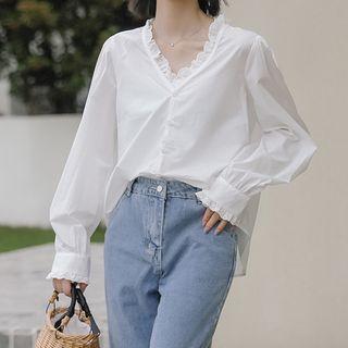 Lace Trim V-neck Button-up Blouse