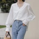 Lace Trim V-neck Button-up Blouse