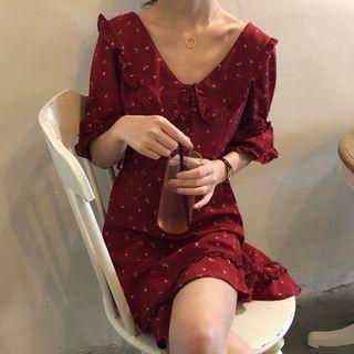 Short-sleeve A-line Chiffon Dress Red - One Size