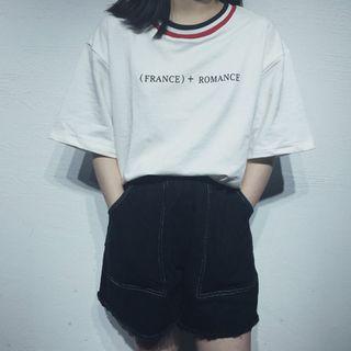 Striped Trim Lettering Short-sleeve T-shirt