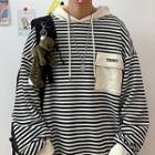 Long-sleeve Contrast Trim Striped Letter Embroidered Hooded Pullover