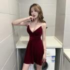 Faux Pearl Strap V-neck Mini A-line Velvet Dress