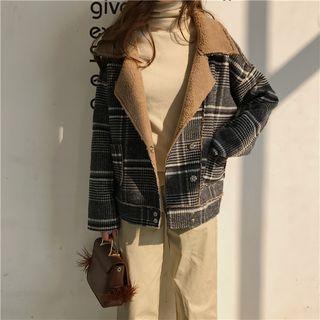 Notch-lapel Plaid Buttoned Jacket Dark Gray - One Size