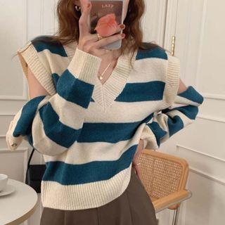 Detachable Sleeve Striped Sweater