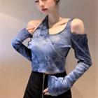 Long-sleeve Tie Dye Cold-shoulder Crop Top Tie Dye - Blue - One Size