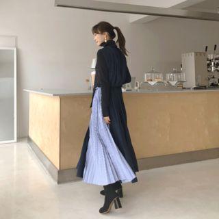 Pleated-panel Maxi Knit Dress Navy Blue - One Size