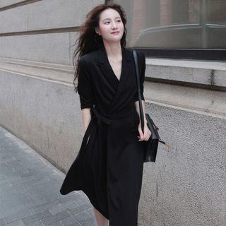 Long-sleeve Notch Lapel A-line Wrap Dress