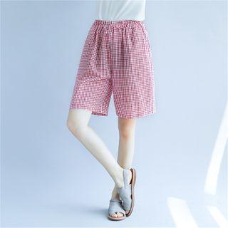Plaid Wide-leg Linen Blend Shorts
