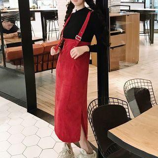 Long-sleeve Knit Top / Corduroy Midi Sheath Jumper Skirt