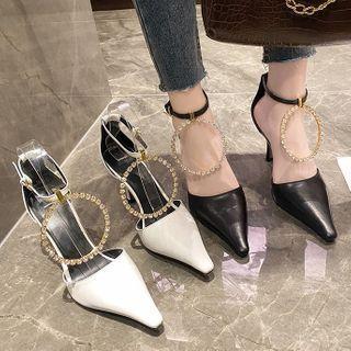 Pointed Flared Heel Rhinestone Ankle Strap Dorsay Pumps