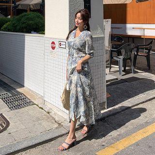Puff-sleeve Patterned Maxi Dress Ivory - One Size