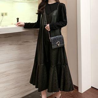 Long-sleeve Faux Leather Midi A-line Dress