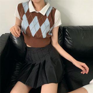 Argyle Sweater Vest / Short-sleeve Polo-neck Top