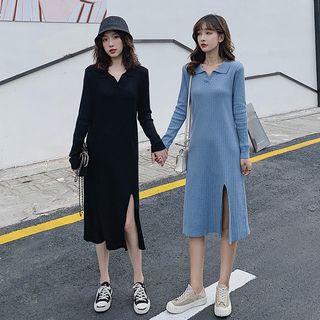 Polo-neck Ribbed Midi Slit Knit Dress