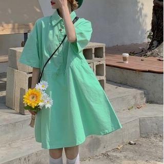 Elbow-sleeve Plain A-line Shirt Dress