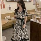 Short-sleeve Square Neck Floral A-line Dress Black Flowers - White - One Size