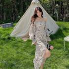 Bell-sleeve Off-shoulder Floral Maxi A-line Dress