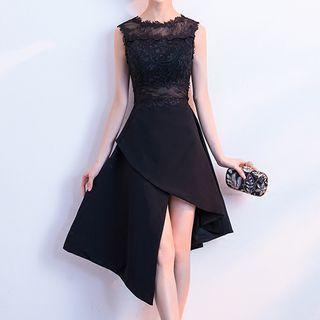Lace Panel Sleeveless Asymmetric Cocktail Dress