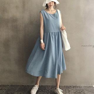 Sleeveless Shirred-waist Long Chambray Dress