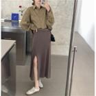 Plain Long-sleeve Shirt / High-waist Knit Skirt