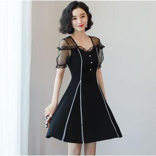 Glitter Short-sleeve Contrast Trim A-line Dress