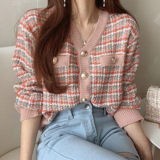 V-neck Mulitcolor Gingham Knit Cardigan