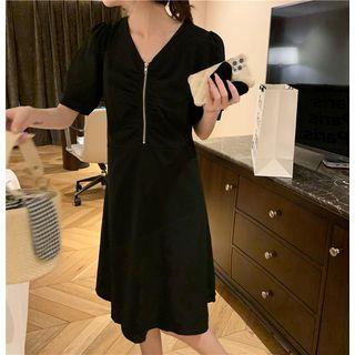 Short-sleeve V-neck Plain Half-zip Midi Dress