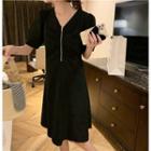 Short-sleeve V-neck Plain Half-zip Midi Dress